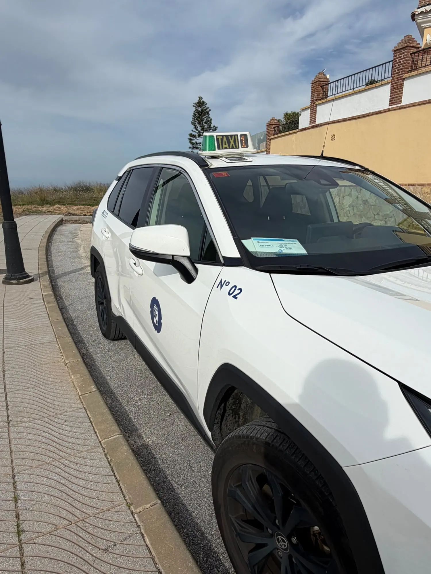 Lateral del taxi con el número de licencia 02 y el escudo de Torrox